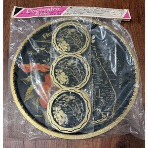Vtg Florida Souvenir Metal Tin Round Platter Tray & 6 Coasters New MCM